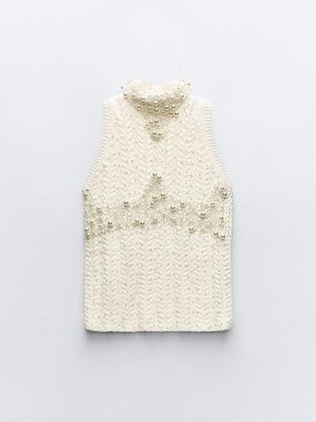 Zara Pearl Embellished Cable-Knit Sleeveless Sweater Tank Top 2142/194